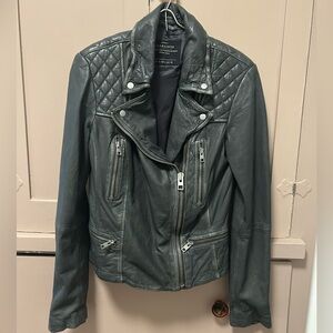 AllSaints womens gray distressed leather moto jacket, size 6, preowned